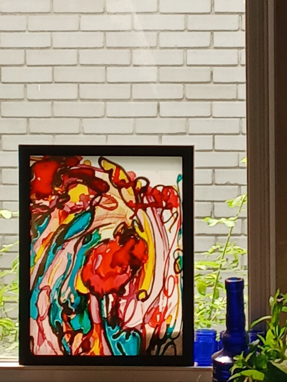 Vibrant Original Alcohol Ink Abstract Framed Art - Red, Teal & Gold